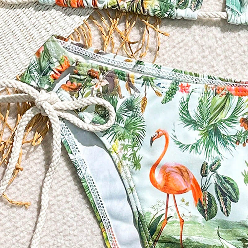 green flamingo animal printing jute drawstring two piece sexy women bikini