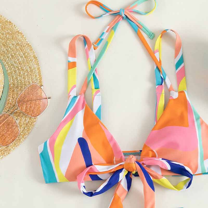 rainbow halter neck double strap two piece swimwear with wrap skirt and hat