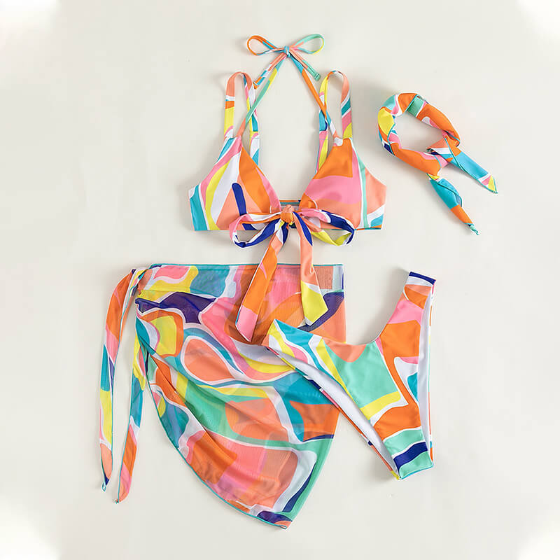 rainbow halter neck double strap two piece swimwear with wrap skirt and hat