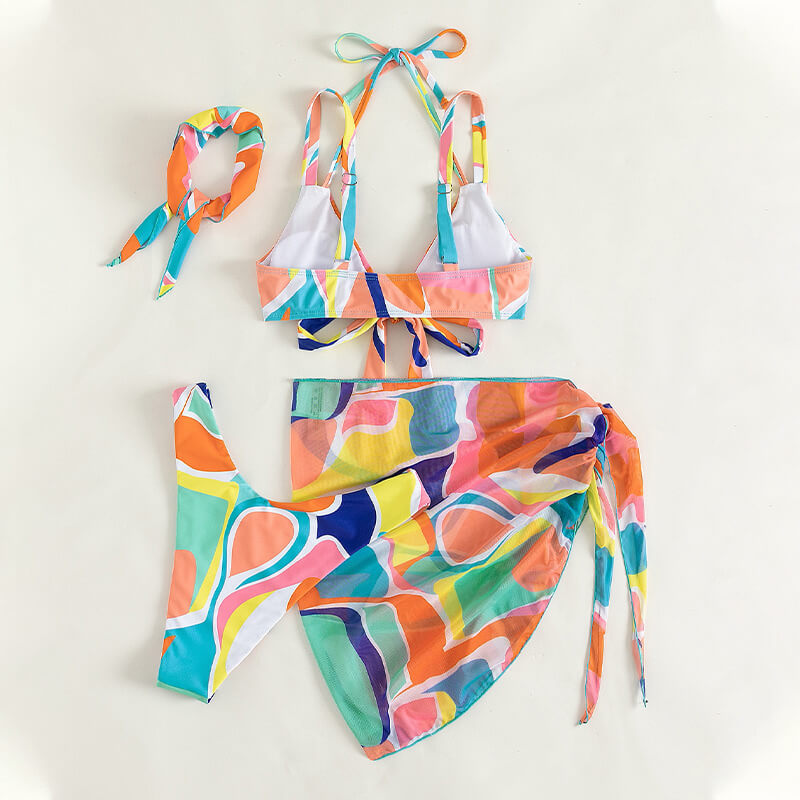 rainbow halter neck double strap two piece swimwear with wrap skirt and hat