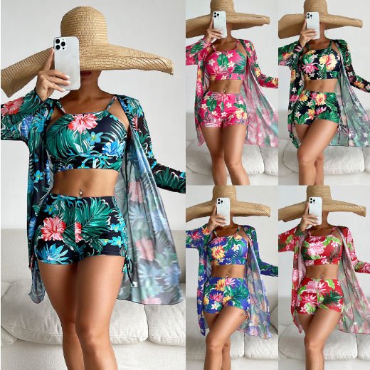 set 3 floral palm tree leaf tropic sexy two piece women bikini with cover up