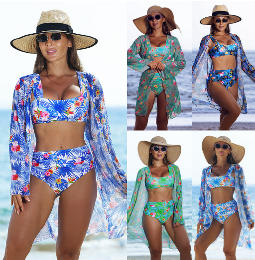 set 3 floral palm tree leaf tropic sexy two piece women bikini with cover up