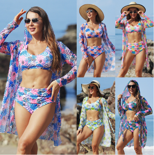 2024 new arrival set 3 tropic flower leaf women swimwear girl bathing suit with cover up