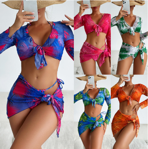 triangle tropic coconut leaf bandeau floral women bikini with wrap skirt