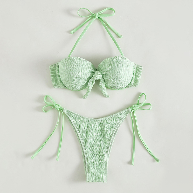 ruched green halter neck knot two piece thong women swimwear