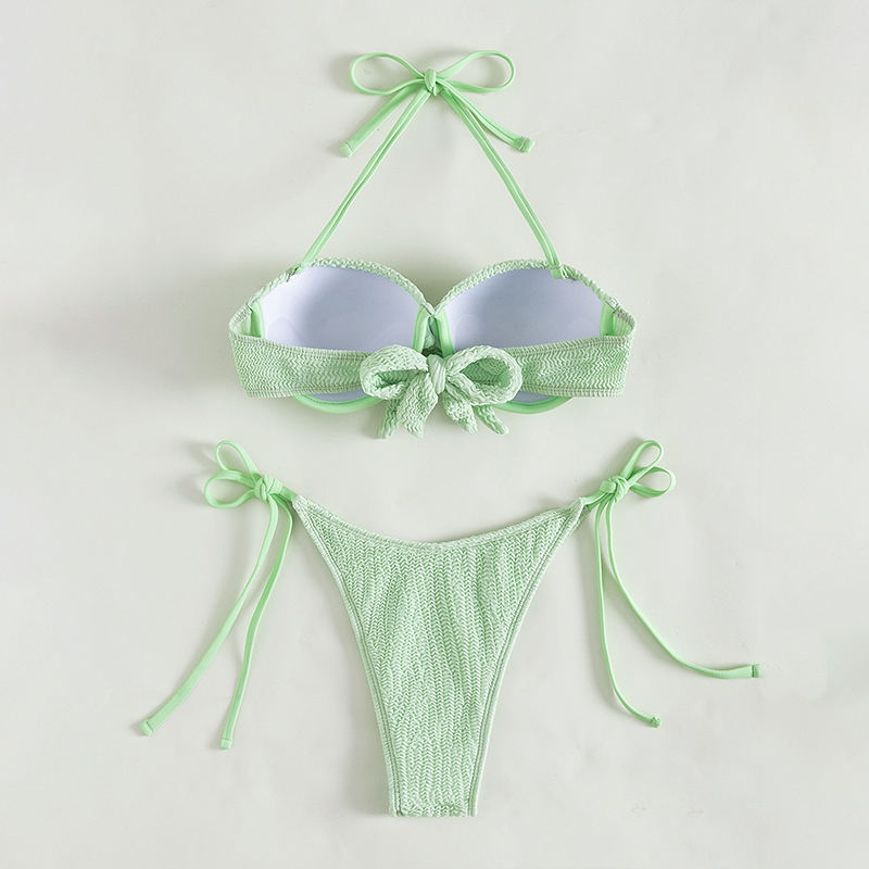 ruched green halter neck knot two piece thong women swimwear