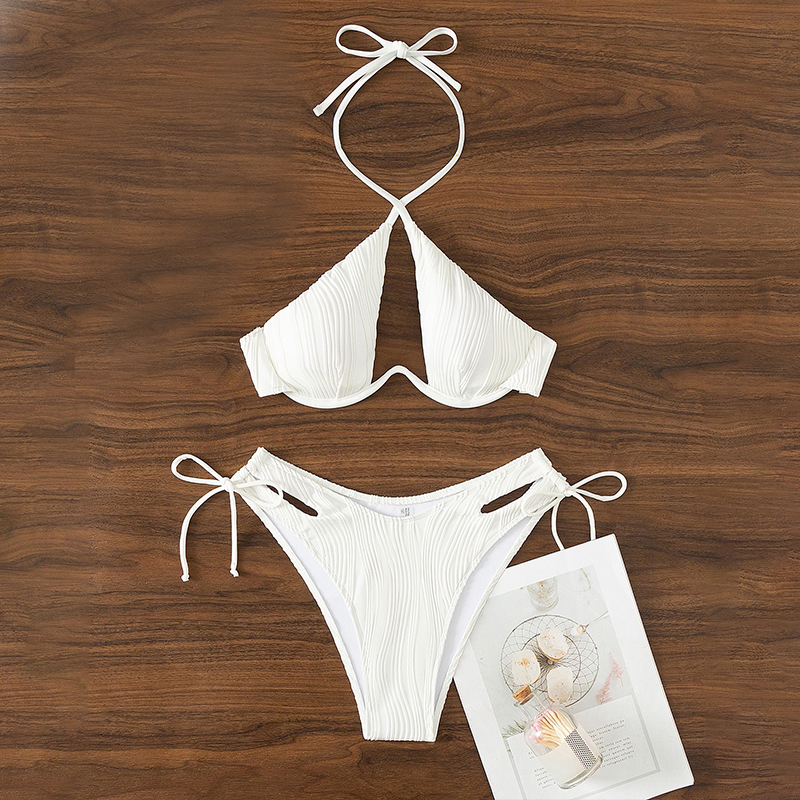 twist deep v high waist cut out pure white two piece women bikini