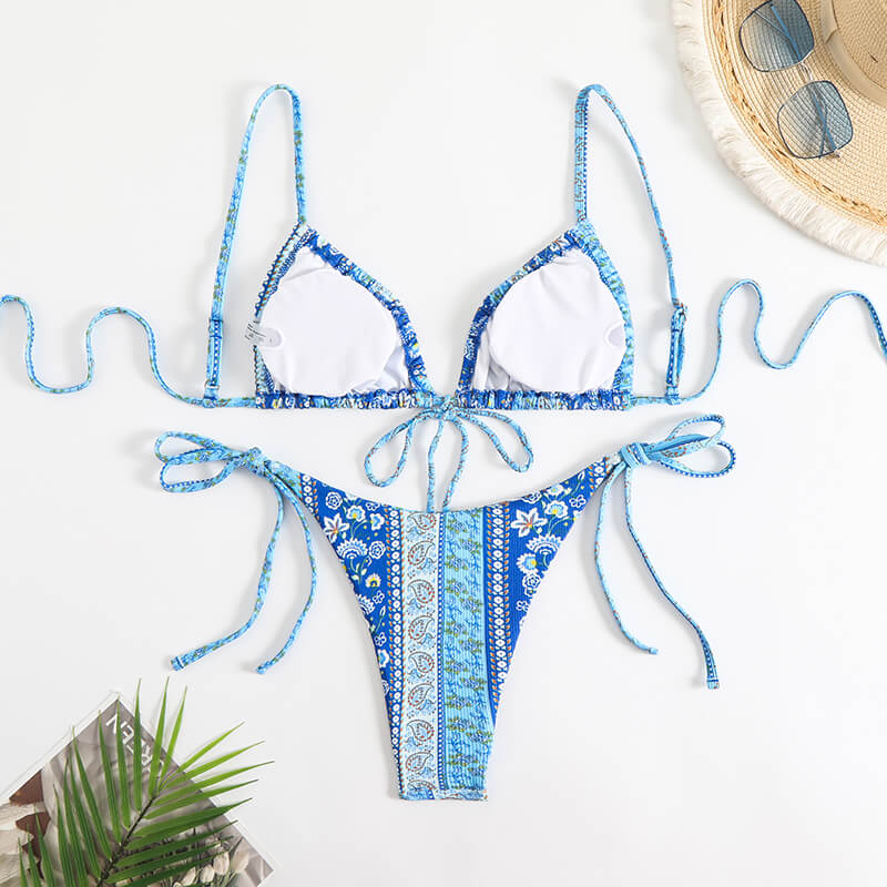 blue paisley thong women bikini