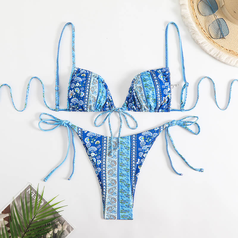 blue paisley thong women bikini