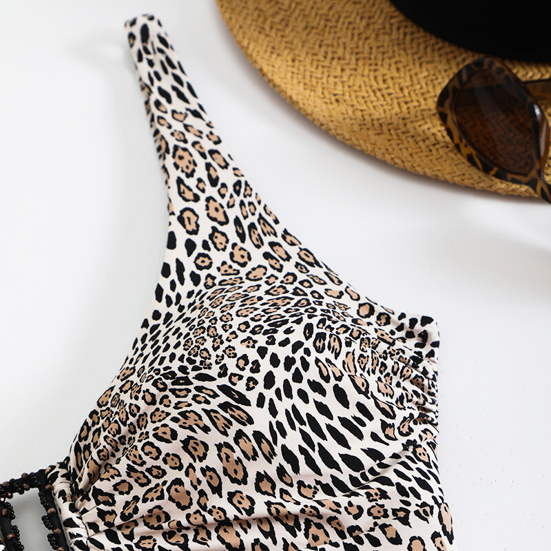 one piece color block leopard conservative women swimming suit