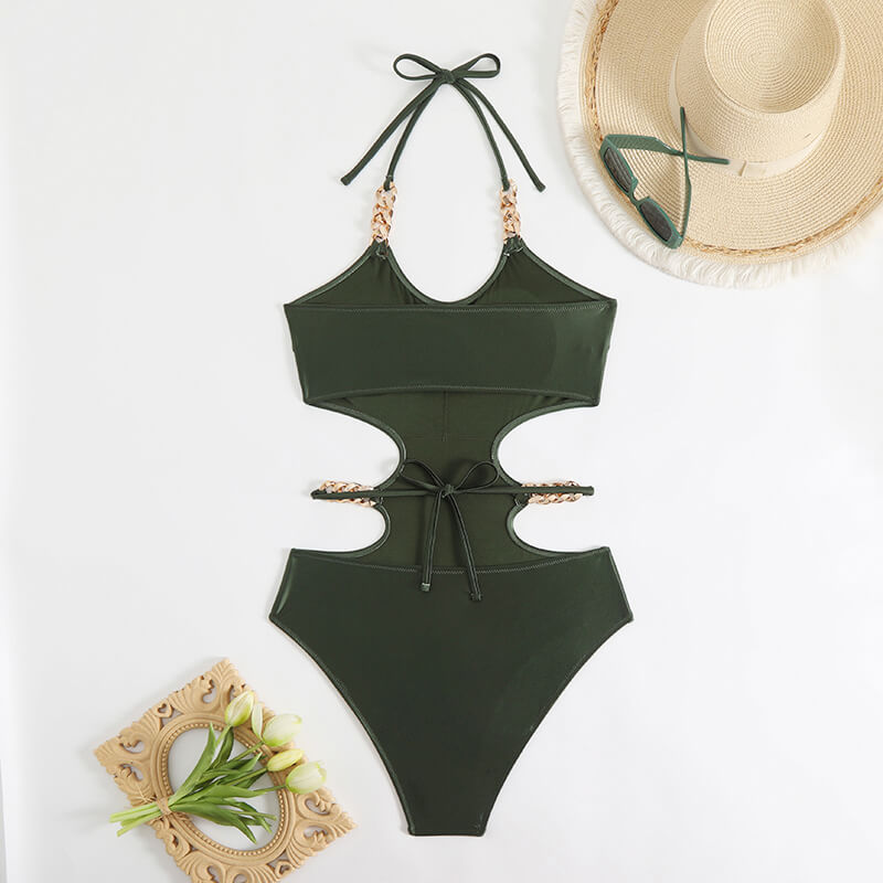 one piece green shiny women swimwear