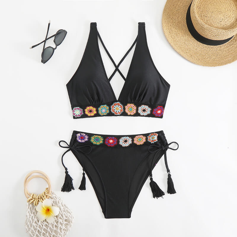 floral embroidery two piece women bikini with tassel