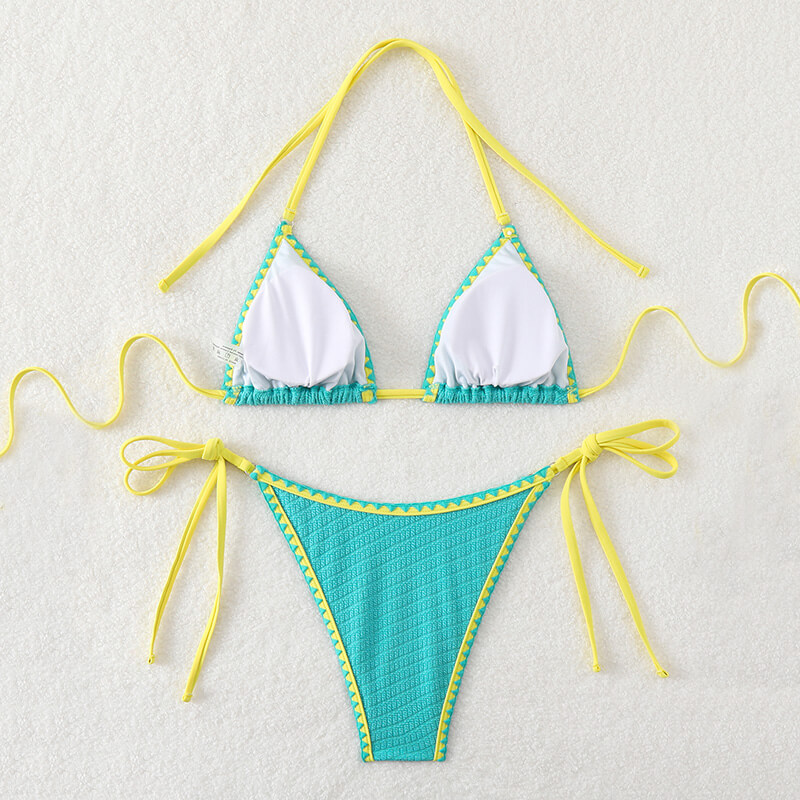 blue yellow color contrast triangle tie side ring linked women bikini