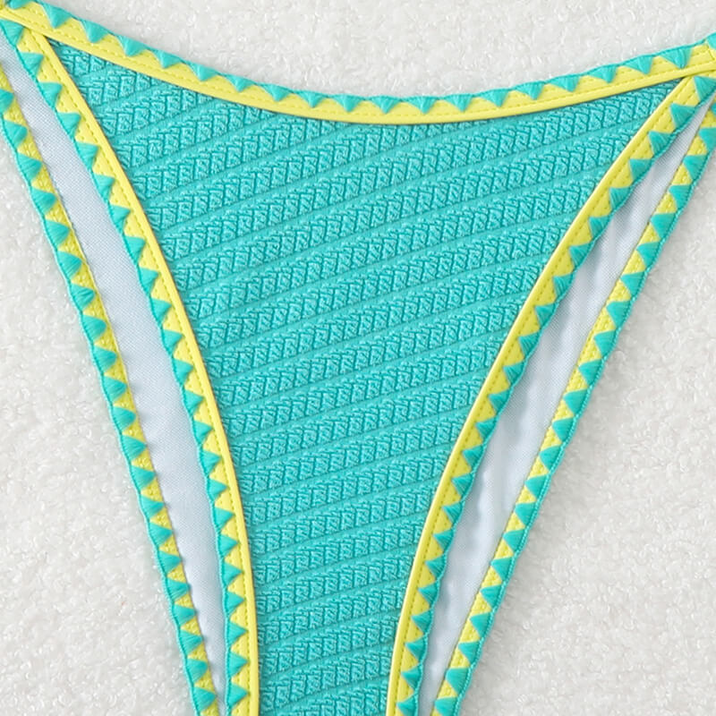 blue yellow color contrast triangle tie side ring linked women bikini