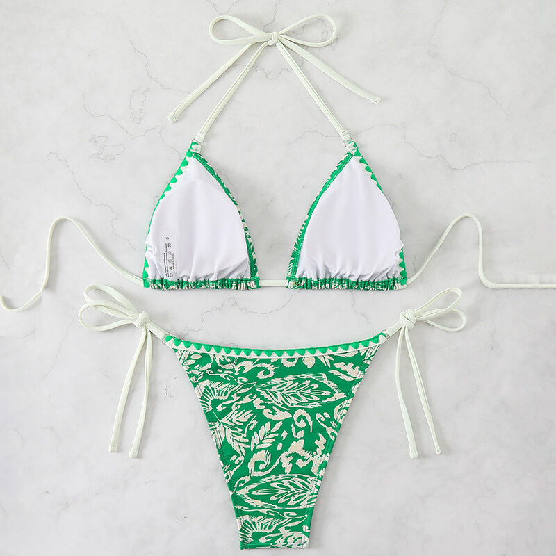 deep v triangle sexy green floral tie side 2 piece women bikini