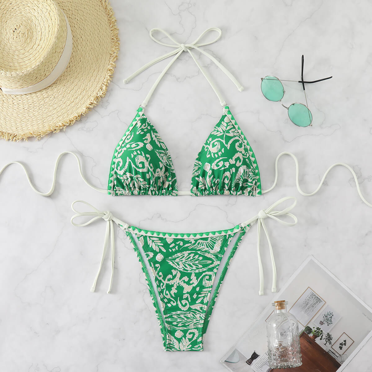 deep v triangle sexy green floral tie side 2 piece women bikini