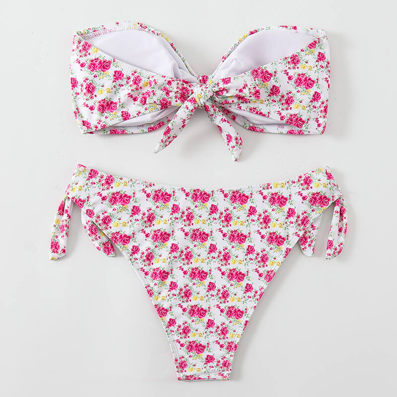 pink rose floral bandeau two piece women bikini