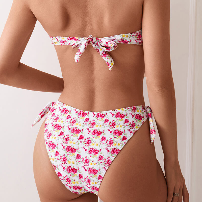 pink rose floral bandeau two piece women bikini