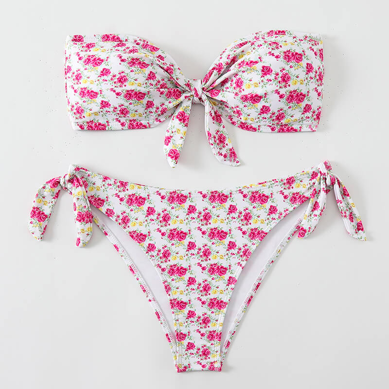 pink rose floral bandeau two piece women bikini