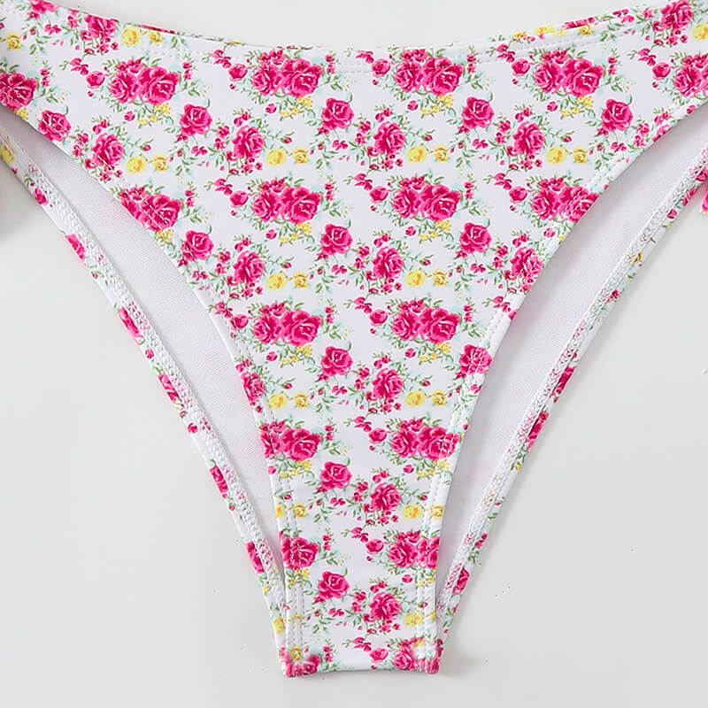 pink rose floral bandeau two piece women bikini