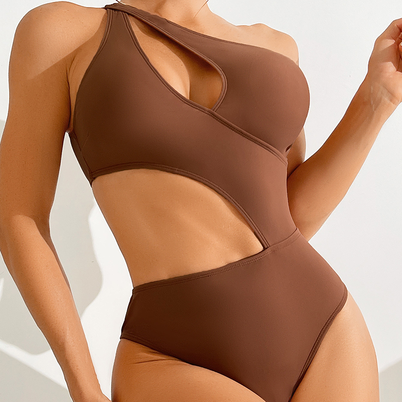 one piece chocolate hollow out high cut asymmetric girl swim suit