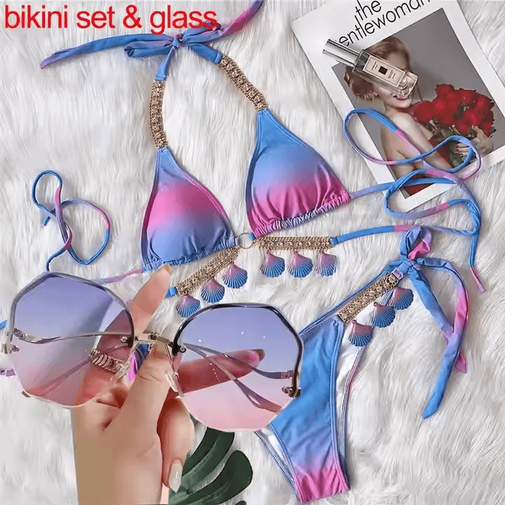 gradient purple blue pink metal shiny jewelery women bikini with glass